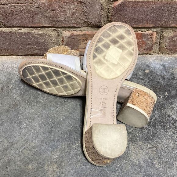 Chanel Bone CC Cork Straw Flower Sandals Mules - Picture 10 of 10